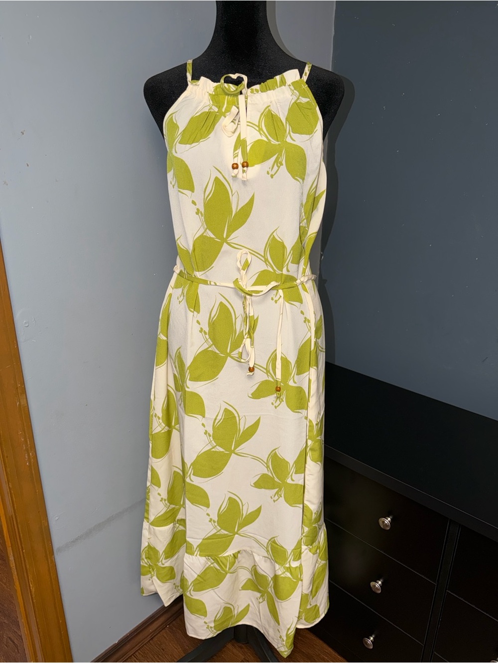 Fred David White Maxi Dress with Lime Leaf Print